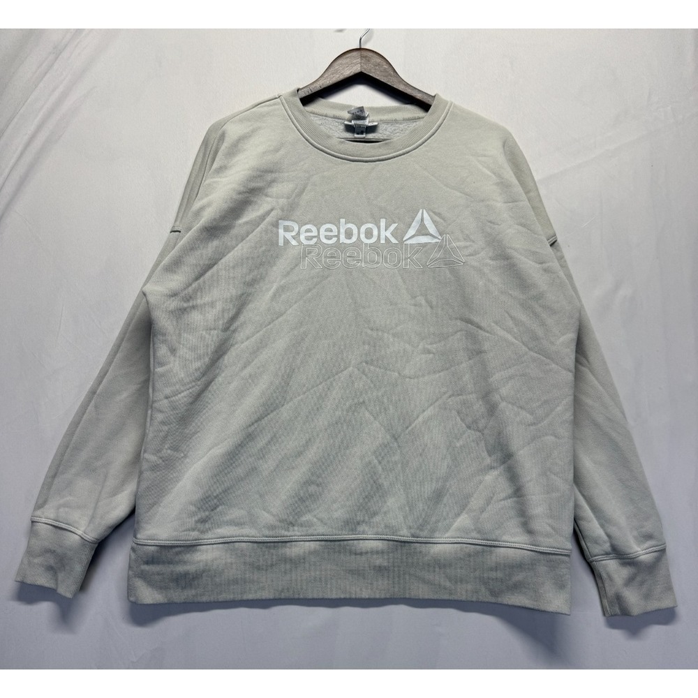 Reebok Sweatshirt Mens XL Gray Cotton Fleece Lined Spellout Logo Ribbed Trim